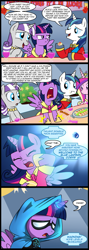 Size: 713x2000 | Tagged: safe, artist:madmax, princess cadance, shining armor, twilight sparkle, twilight sparkle (alicorn), twilight velvet, alicorn, pony, unicorn, :<, blue lantern, blue lantern corps, blue lantern ring, comic, dc comics, female, frown, glare, green lantern, grumpy, horn ring, mare, nose in the air, open mouth, sad, teasing, yelling