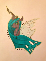 Size: 2448x3264 | Tagged: safe, artist:caldercloud, queen chrysalis, changeling, changeling queen, crown, female, green eyes, horn, jewelry, regalia, solo, traditional art