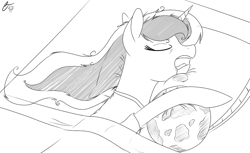 Size: 1280x782 | Tagged: safe, artist:iraincloud, princess luna, alicorn, pony, bed, drool, lunadoodle, monochrome, pillow, sleeping, solo