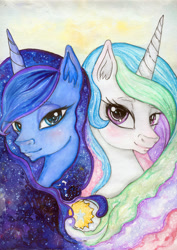 Size: 1024x1448 | Tagged: safe, artist:czbaterka, princess celestia, princess luna, alicorn, pony, colorful, sisters, traditional art, watercolor painting