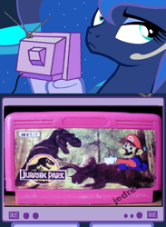 Size: 563x768 | Tagged: safe, princess luna, alicorn, dinosaur, pony, tyrannosaurus rex, bootleg, exploitable meme, gamer luna, jurassic park, mario, meme, obligatory pony, super mario bros., triceratops, tv meme, unamused