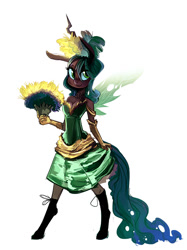 Size: 569x762 | Tagged: safe, artist:jokerpony, queen chrysalis, anthro, changeling, changeling queen, alternate hairstyle, breasts, cleavage, clothes, dress, evening gloves, female, gloves, long gloves, looking at you, paper fan, socks, solo