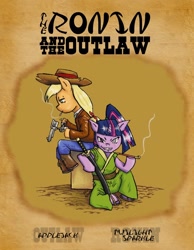 Size: 828x1066 | Tagged: safe, artist:netcyber, derpibooru import, applejack, twilight sparkle, earth pony, pony, semi-anthro, cigarette, clothes, duo, duo female, female, gun, handgun, movie poster, pipe, revolver, smoking, sword, weapon