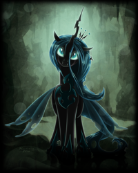 Size: 2898x3627 | Tagged: safe, artist:shaadorian, queen chrysalis, changeling, changeling queen, fangs, female, looking at you, smiling, solo