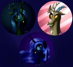 Size: 1157x1066 | Tagged: safe, artist:grennadder, discord, nightmare moon, queen chrysalis, changeling, changeling queen, female, horn