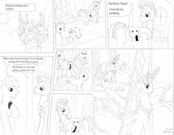 Size: 2352x1823 | Tagged: safe, artist:dreamactualizer, princess celestia, alicorn, pony, canterlot, comic, monochrome, royal guard