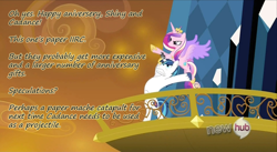 Size: 1400x768 | Tagged: safe, screencap, princess cadance, shining armor, alicorn, pony, unicorn, all new, anniversary, epic wife tossing, fastball special, hub logo, insane pony thread, text