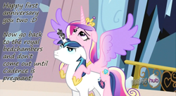 Size: 1400x763 | Tagged: safe, edit, edited screencap, screencap, princess cadance, shining armor, alicorn, pony, unicorn, the crystal empire, anniversary, female, floppy ears, horn crystals, hub logo, insane pony thread, male, shiningcadance, shipping, spread wings, straight, wings