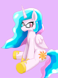 Size: 1500x2000 | Tagged: safe, artist:sfear222, princess celestia, alicorn, pony, glasses, pixiv, simple background, sitting, solo