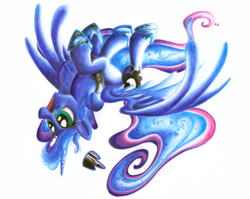 Size: 3209x2550 | Tagged: safe, artist:uminanimu, princess luna, alicorn, pony, colored, flying, happy, laughing, solo, upside down