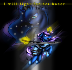 Size: 800x781 | Tagged: safe, artist:empressofsakura, princess luna, oc, oc:azure night, alicorn, pony, azuna, canon x oc, katana, sword, weapon