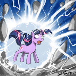 Size: 900x900 | Tagged: safe, artist:johnjoseco, derpibooru import, twilight sparkle, unicorn twilight, pony, unicorn, female, floating, force field, glowing eyes, magic overload, mare, rock, solo