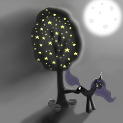 Size: 1357x1357 | Tagged: safe, artist:bastardo-kun, princess luna, alicorn, pony, bucking, moon, solo, stars, tree