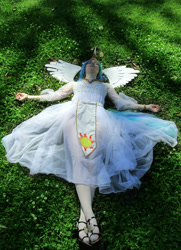 Size: 2624x3615 | Tagged: safe, artist:vampire-sacrifice, princess celestia, human, cosplay, grass, irl, irl human, on back, photo, solo