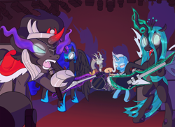 Size: 1024x745 | Tagged: safe, artist:princrim, discord, king sombra, nightmare moon, queen chrysalis, trixie, alicorn, changeling, changeling queen, draconequus, pony, unicorn, antagonist, band, bipedal, concert, drum kit, drums, female, glowing eyes, guitar, magic, metal, microphone, musical instrument, singing, telekinesis, tongue out, white eyes