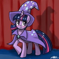 Size: 900x900 | Tagged: safe, artist:johnjoseco, derpibooru import, twilight sparkle, pony, unicorn, accessory swap, blushing, curtains, female, mare, solo, stage, the great and powerful, the great and powerful twilight, trixie's cape, trixie's hat