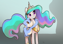 Size: 1200x846 | Tagged: safe, artist:ajin, princess celestia, oc, alicorn, dragon, pony, blushing, hug, non-mlp oc