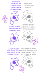 Size: 834x1526 | Tagged: safe, artist:shoutingisfun, derpibooru import, rarity, spike, twilight sparkle, dragon, pony, unicorn, comic, female, implied pinkie pie, male, mare, simple background, surreal, text, vulgar, white background