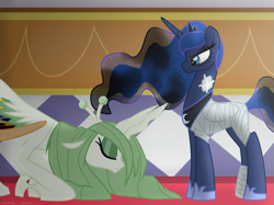 Size: 1155x862 | Tagged: safe, artist:faith-wolff, princess luna, alicorn, changeling, changeling queen, pony, fanfic:the bridge, bandage, bandaged wing, bowing, changelingified, crossover, duo, ethereal mane, eyes closed, fanfic art, female, frown, godzilla (series), injured, kaiju changeling, mare, mothra, mothra lea, ponified, starry mane