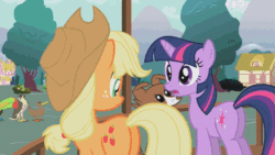 Size: 853x480 | Tagged: safe, derpibooru import, screencap, applejack, twilight sparkle, winona, bird, duck, earth pony, keel-billed toucan, pony, toucan, unicorn, may the best pet win, animated, face licking, falcon, female, gif, licking, mare, plot