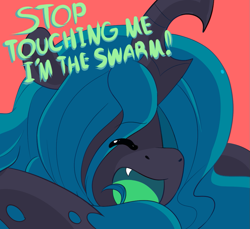 Size: 1111x1018 | Tagged: safe, artist:blacky-moon, queen chrysalis, changeling, changeling queen, annoyed, blacky-moon is trying to murder us, cute, cutealis, eyes closed, fangs, i am the night, open mouth, simple background, solo, swarm