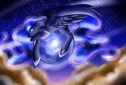 Size: 2000x1348 | Tagged: safe, artist:goosebumps-fan57, princess luna, alicorn, pony, cloud, cloudy, moon, night, solo, tangible heavenly object