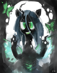 Size: 700x900 | Tagged: safe, artist:fuckinmonday, queen chrysalis, butterfly, changeling, changeling queen, fangs, female, looking at you, open mouth, smiling, solo