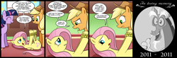 Size: 2000x656 | Tagged: safe, artist:madmax, derpibooru import, applejack, discord, fluttershy, twilight sparkle, earth pony, pegasus, pony, unicorn, bondage, comic, dialogue, female, fluttershy's cottage, fluttershy's cottage (interior), helpless, mare, on back, smiling, tied up, weak, wimp