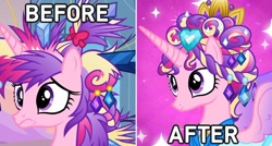 Size: 728x389 | Tagged: safe, edit, edited screencap, screencap, princess cadance, alicorn, pony, alternate hairstyle, before and after, comparison, female, jewelry, mare, messy mane, smiling, solo, spread wings, wings