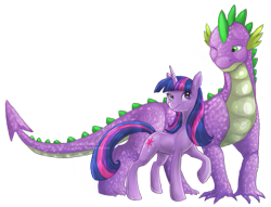 Size: 811x620 | Tagged: safe, artist:amirah-the-cat, derpibooru import, spike, twilight sparkle, dragon, pony, unicorn, adult spike, female, male, mare, older, older spike, simple background, transparent background