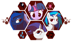 Size: 1920x1080 | Tagged: safe, artist:coma392, dj pon-3, princess luna, rarity, twilight sparkle, vinyl scratch, alicorn, pony, unicorn, hexagon