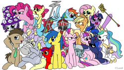 Size: 1280x720 | Tagged: safe, artist:elzielai, apple bloom, applejack, derpy hooves, dinky hooves, doctor whooves, fluttershy, pinkie pie, princess cadance, princess celestia, princess luna, rainbow dash, rarity, twilight sparkle, twilight sparkle (alicorn), oc, oc:snowdrop, alicorn, earth pony, pegasus, pony, unicorn, crossover, female, lord zedd, mane six, mare, mighty morphin power rangers, party cannon, ponified, twilight scepter