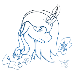 Size: 1000x1000 | Tagged: safe, artist:midnightsix3, princess luna, alicorn, pony, curved horn, element of generosity, element of honesty, element of kindness, element of laughter, element of loyalty, element of magic, elements of harmony, lunadoodle, magic, monochrome, s1 luna, solo, telekinesis