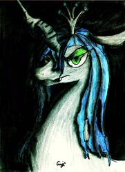 Size: 3151x4364 | Tagged: safe, artist:qwixthetrappedone, queen chrysalis, changeling, changeling queen, portrait, solo, traditional art