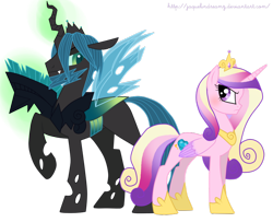 Size: 900x729 | Tagged: safe, artist:jaquelindreamz, king metamorphosis, princess cadance, queen chrysalis, alicorn, changeling, changeling queen, pony, :c, blushing, changeling king, frown, rule 63, simple background, transparent background