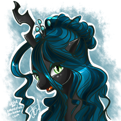 Size: 800x800 | Tagged: safe, artist:ananastua, queen chrysalis, changeling, changeling queen, alternate hairstyle, beautiful, bust, crown, cute, cutealis, eye clipping through hair, female, hair bun, jewelry, looking at you, regalia, signature, solo