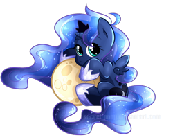 Size: 682x551 | Tagged: safe, artist:secret-pony, princess luna, alicorn, pony, chibi, cute, female, filly, lunabetes, moon, solo, tangible heavenly object, watermark, woona