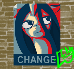 Size: 1400x1300 | Tagged: safe, artist:hewhoerasesmost, queen chrysalis, changeling, changeling queen, ask, ask pun, change, graffiti, hope poster, poster, propaganda, shepard fairey, solo, tumblr