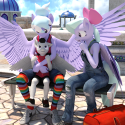 Size: 1500x1500 | Tagged: safe, artist:tahublade7, cloudchaser, flitter, rumble, anthro, pegasus, plantigrade anthro, 3d, babysitting, bench, bow, clothes, cloudrumble, cute, daz studio, female, flitterumble, flitterumblechaser, hair bow, hug, lucky bastard, male, mare, overalls, pants, rumble gets both the mares, rumblechaser, shipping, shoes, sneakers, socks, spread wings, straight, straight shota, striped socks, tanktop, tights, wings