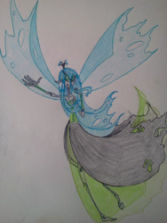 Size: 1536x2048 | Tagged: safe, artist:wolfling12, queen chrysalis, human, humanized, solo, traditional art, winged humanization