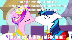 Size: 1280x720 | Tagged: safe, screencap, princess cadance, shining armor, alicorn, pony, unicorn, a canterlot wedding, eyes closed, female, floppy ears, horn ring, image macro, kissing, male, meme, quote, shiningcadance, straight, the princess bride