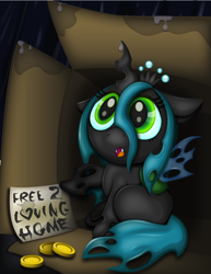 Size: 2550x3300 | Tagged: safe, artist:thebubbleqat, queen chrysalis, changeling, changeling queen, nymph, :o, bits, box, bronybait, cute, cutealis, fangs, heart, looking up, pointing, rain, sitting, solo, wet