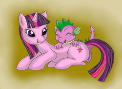 Size: 1100x800 | Tagged: safe, artist:do-it-yourself, derpibooru import, spike, twilight sparkle, dragon, pony, unicorn, duo, female, gradient background, male, mare, prone, smiling