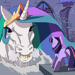 Size: 500x500 | Tagged: safe, artist:merumeto, princess celestia, twilight sparkle, alicorn, pony, crossover, dark dragon, final boss, hoers, nightmare fuel, not salmon, pixiv, sega, shining force, wat