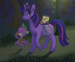 Size: 1276x1062 | Tagged: safe, artist:paintedyoko, derpibooru import, owlowiscious, spike, twilight sparkle, dragon, pony, unicorn, donut, female, food, mare, night, saddle bag, walking