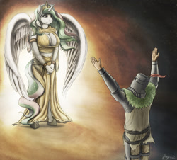 Size: 1215x1098 | Tagged: safe, artist:angerelic, princess celestia, alicorn, anthro, human, unguligrade anthro, big breasts, breasts, cleavage, clothes, colored, crossover, dark souls, dress, female, frown, gwynevere, midriff, praise the sun, princess breastia, solaire of astora, spread wings, wings