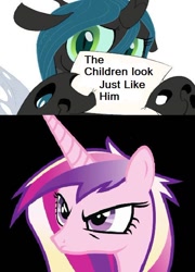 Size: 482x669 | Tagged: safe, princess cadance, queen chrysalis, shining armor, alicorn, changeling, changeling queen, pony, unicorn, chrysalis' note, infidelity, infidelity armor, sign