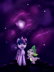 Size: 1050x1400 | Tagged: safe, artist:meroni, derpibooru import, spike, twilight sparkle, dragon, pony, unicorn, duo, female, male, mare, night, smiling, stars