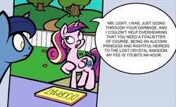 Size: 772x469 | Tagged: safe, artist:toonbat, night light, princess cadance, alicorn, pony, doormat, speech bubble