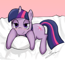 Size: 900x828 | Tagged: safe, artist:b0nbon, derpibooru import, twilight sparkle, pony, unicorn, bed, bedroom eyes, female, looking at you, mare, pillow, prone, smiling, solo